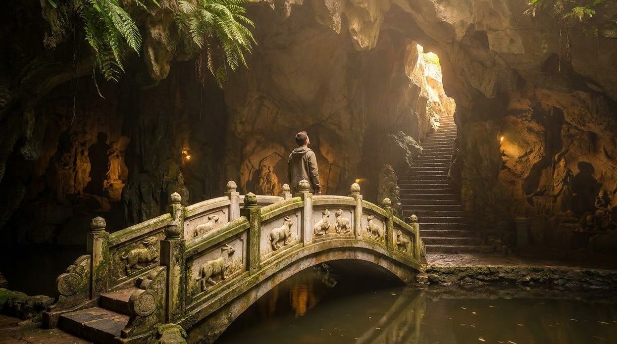 Sculpted scenes of the Buddhist underworld inside Am Phu cave