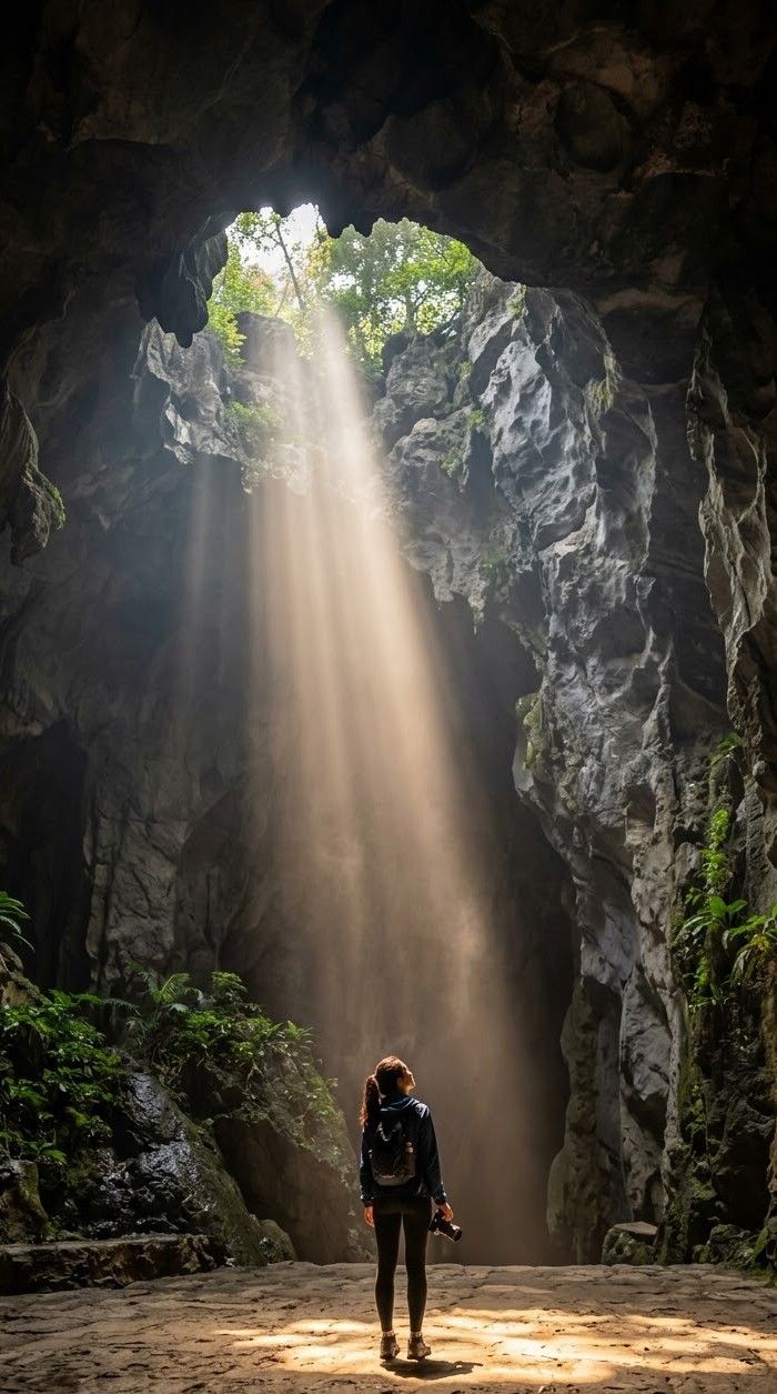 A beam of midday light inside a Marble Mountains cave