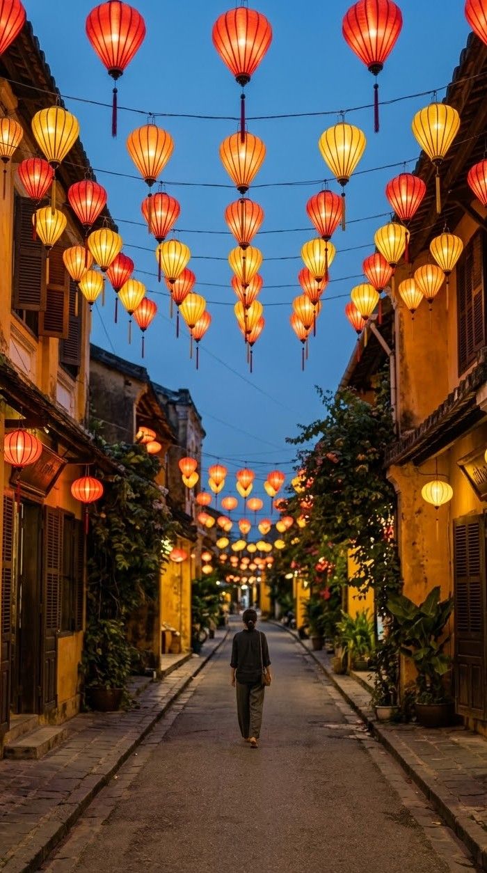 Lanterns glowing along the river in Hoi An at dusk