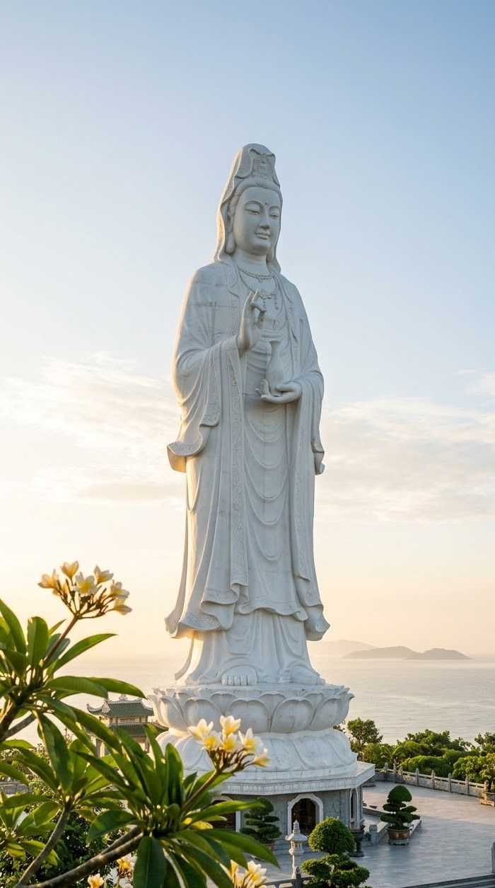 The Lady Buddha on Son Tra in warm early-morning light