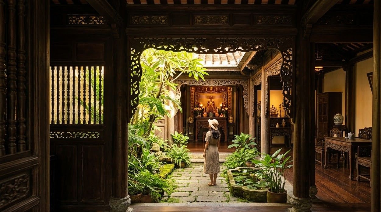 Dark carved wooden beams inside an old merchant house in Hoi An