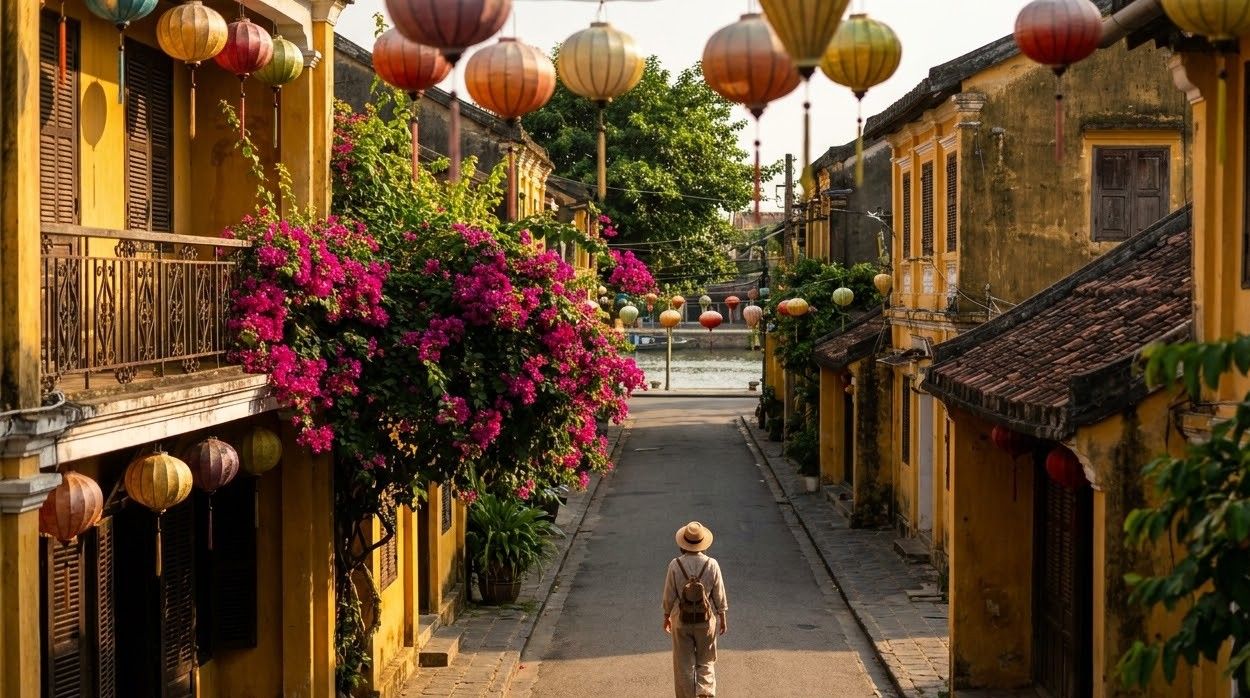 Yellow merchant houses and lanterns along a street in Hoi An old town