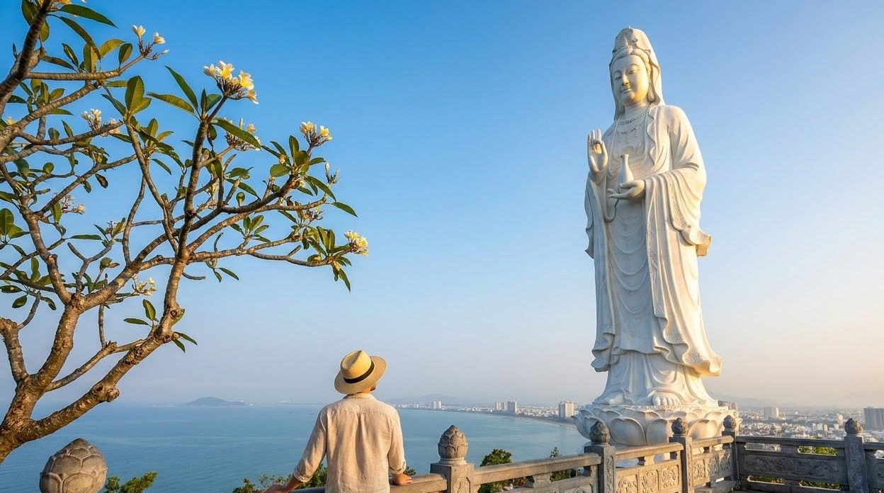 The white Lady Buddha statue on Son Tra facing the sea at Da Nang