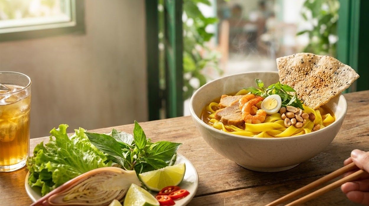 A bowl of mi Quang turmeric noodles with herbs and rice crackers