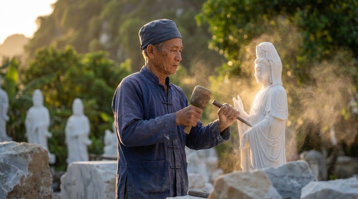 A carver roughing out a marble figure by hand in Non Nuoc village