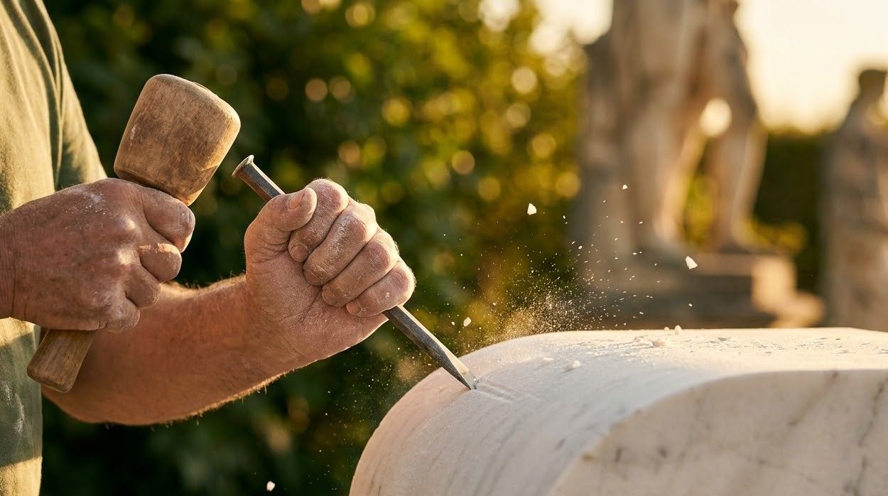 Hands holding a chisel against a block of marble