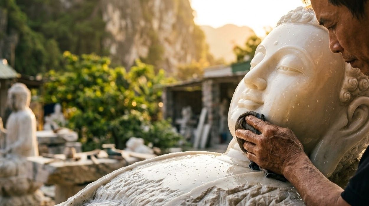 A craftsman polishing a finished marble figure by hand