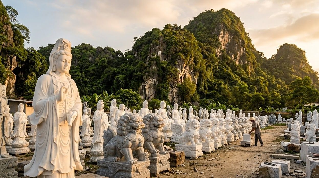 Rows of finished white marble statues in a Non Nuoc carving yard