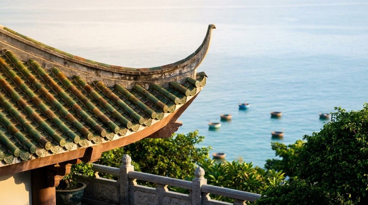 Da Nang bay and fishing boats seen from the Linh Ung pagoda terrace on Son Tra