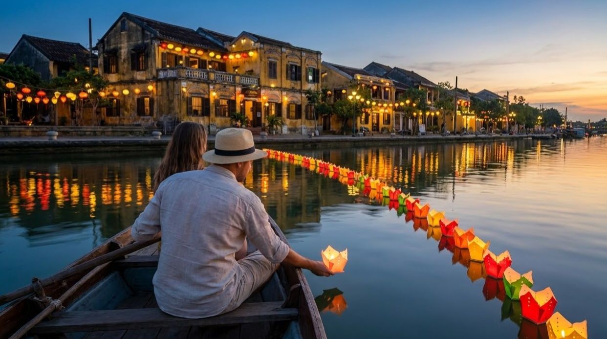 A wooden boat on the Thu Bon river in Hoi An as the lanterns come on